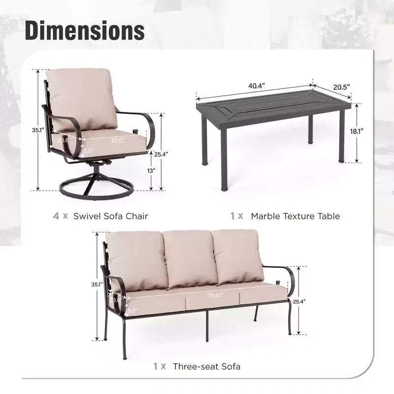 Captiva Designs Set da conversazione da esterno in metallo extra large da 6 pezzi con poltrone girevoli con schienale decorato