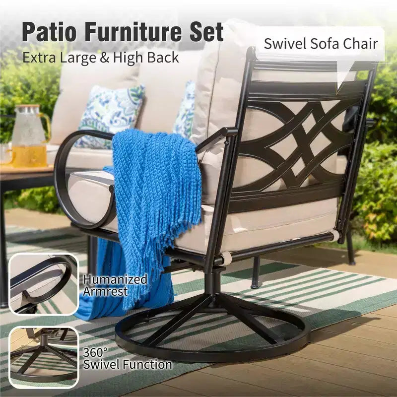 Captiva Designs Set da conversazione da esterno in metallo extra large da 6 pezzi con poltrone girevoli con schienale decorato