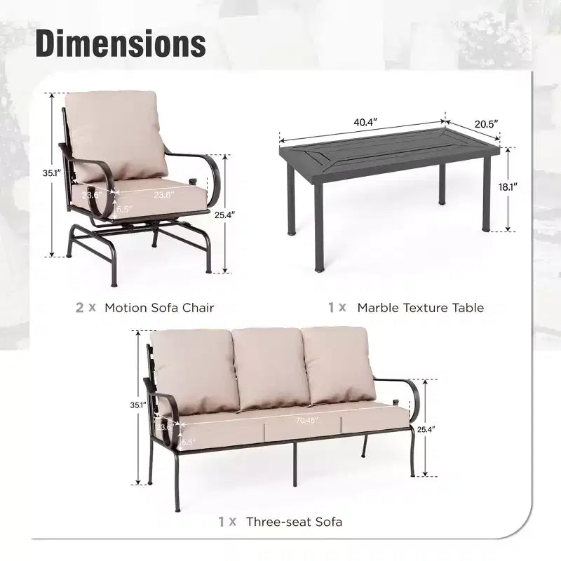 Set da Conversazione da Esterno in Metallo 4 Pezzi Extra Large Captiva Designs con Sedie a Dondolo con Schienale Decorato e Tavolino da Caffè