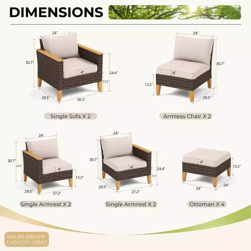 Captiva Designs Set Divano Sezionale da Giardino 12 Pezzi in Rattan Wicker con Pouf Imbottito