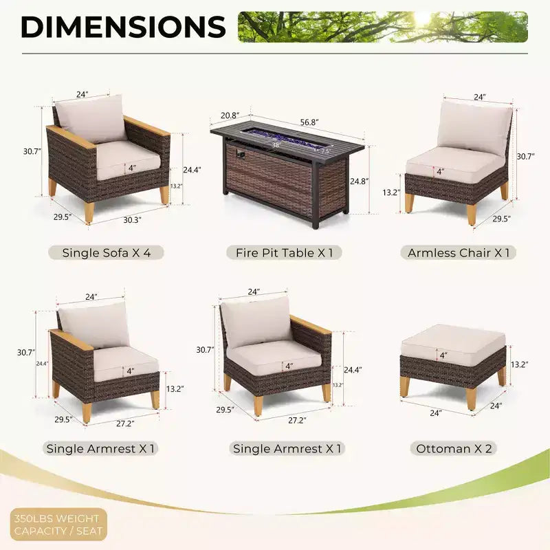 Set da conversazione componibile da 10 pezzi per patio esterno in rattan di vimini Captiva Designs con tavolo braciere e pouf imbottito