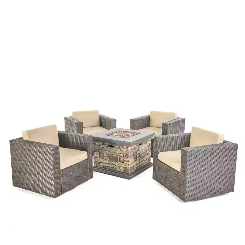 Set da 5 pezzi GDFStudio Venice con poltrona girevole e braciere, in vimini per esterni