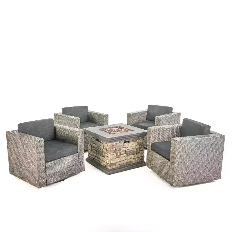 Set da 5 pezzi GDFStudio Venice con poltrona girevole e braciere, in vimini per esterni