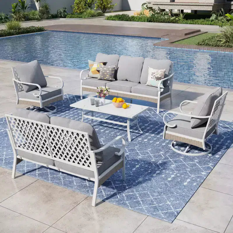 Captiva Designs Set da conversazione da esterno 5 pezzi extra large in metallo e rattan con poltrone girevoli a griglia e divanetto