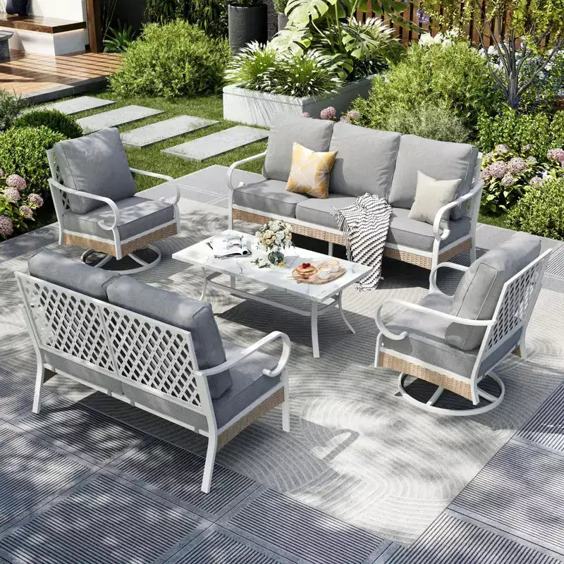 Captiva Designs Set da conversazione da esterno 5 pezzi extra large in metallo e rattan con poltrone girevoli a griglia e divanetto