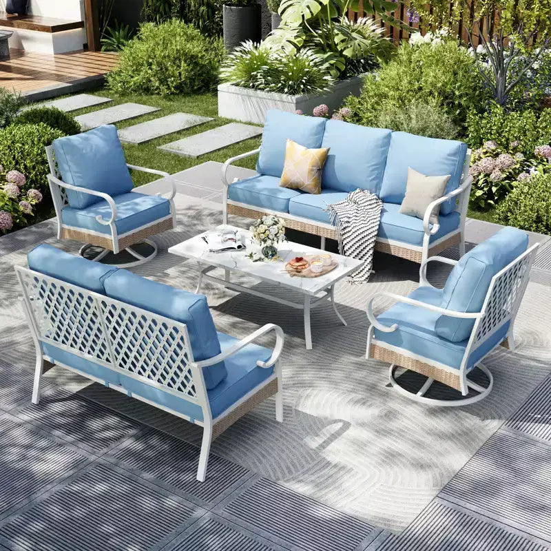 Captiva Designs Set da conversazione da esterno 5 pezzi extra large in metallo e rattan con poltrone girevoli a griglia e divanetto