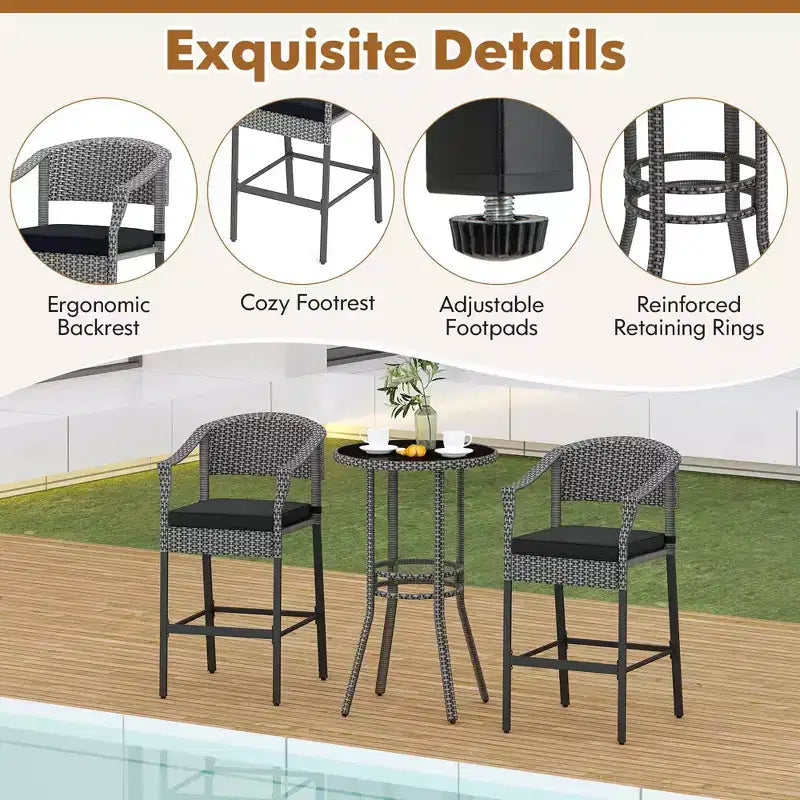 Set da bar Costway a 3 pezzi in rattan per esterni con sedie a braccioli e tavolo rotondo ad altezza bar