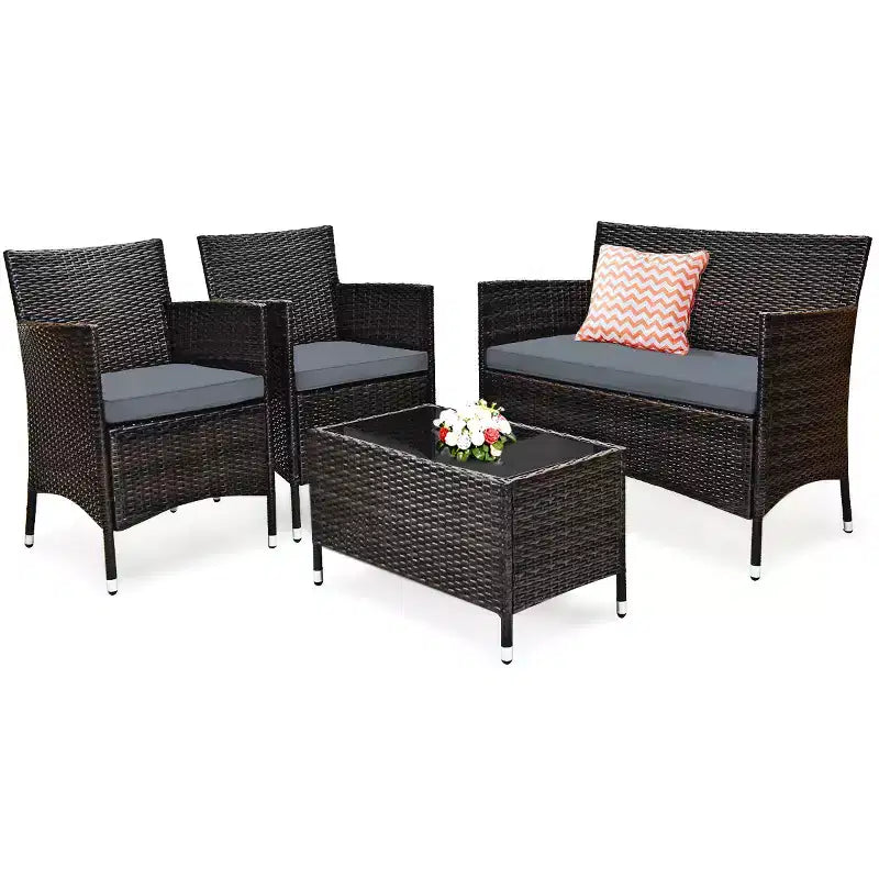 Set Mobili da Giardino 4 Pezzi in Rattan con Tavolo Scaffale Divano e Cuscini Turchese/Rosso/Grigio Costway