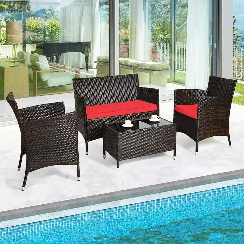 Set Mobili da Giardino 4 Pezzi in Rattan con Tavolo Scaffale Divano e Cuscini Turchese/Rosso/Grigio Costway