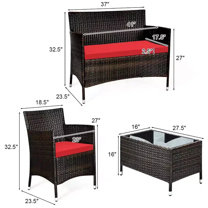 Set Mobili da Giardino 4 Pezzi in Rattan con Tavolo Scaffale Divano e Cuscini Turchese/Rosso/Grigio Costway
