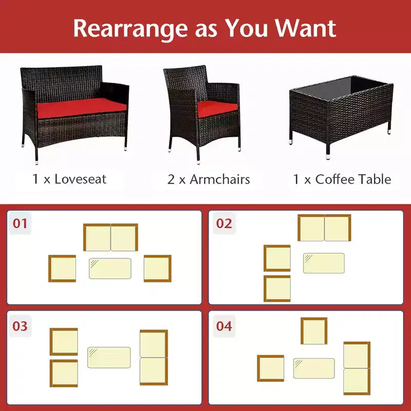 Set Mobili da Giardino 4 Pezzi in Rattan con Tavolo Scaffale Divano e Cuscini Turchese/Rosso/Grigio Costway