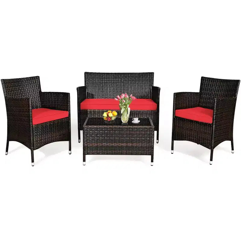 Set Mobili da Giardino 4 Pezzi in Rattan con Tavolo Scaffale Divano e Cuscini Turchese/Rosso/Grigio Costway
