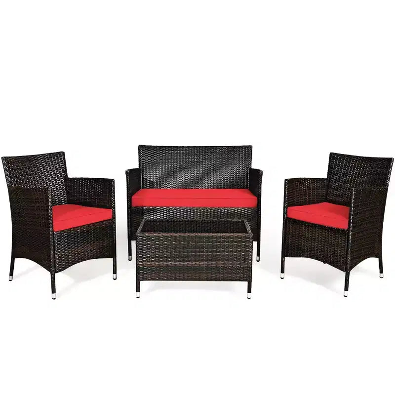 Set Mobili da Giardino 4 Pezzi in Rattan con Tavolo Scaffale Divano e Cuscini Turchese/Rosso/Grigio Costway