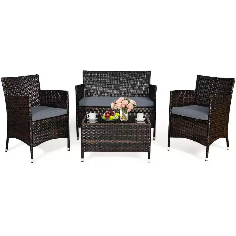 Set Mobili da Giardino 4 Pezzi in Rattan con Tavolo Scaffale Divano e Cuscini Turchese/Rosso/Grigio Costway