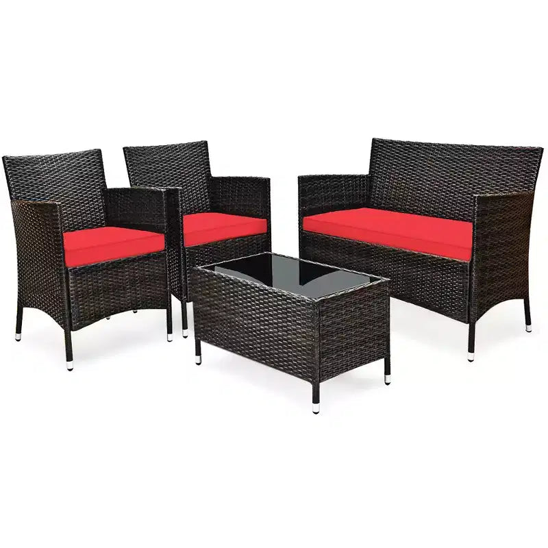 Set Mobili da Giardino 4 Pezzi in Rattan con Tavolo Scaffale Divano e Cuscini Turchese/Rosso/Grigio Costway