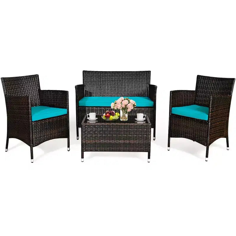 Set Mobili da Giardino 4 Pezzi in Rattan con Tavolo Scaffale Divano e Cuscini Turchese/Rosso/Grigio Costway