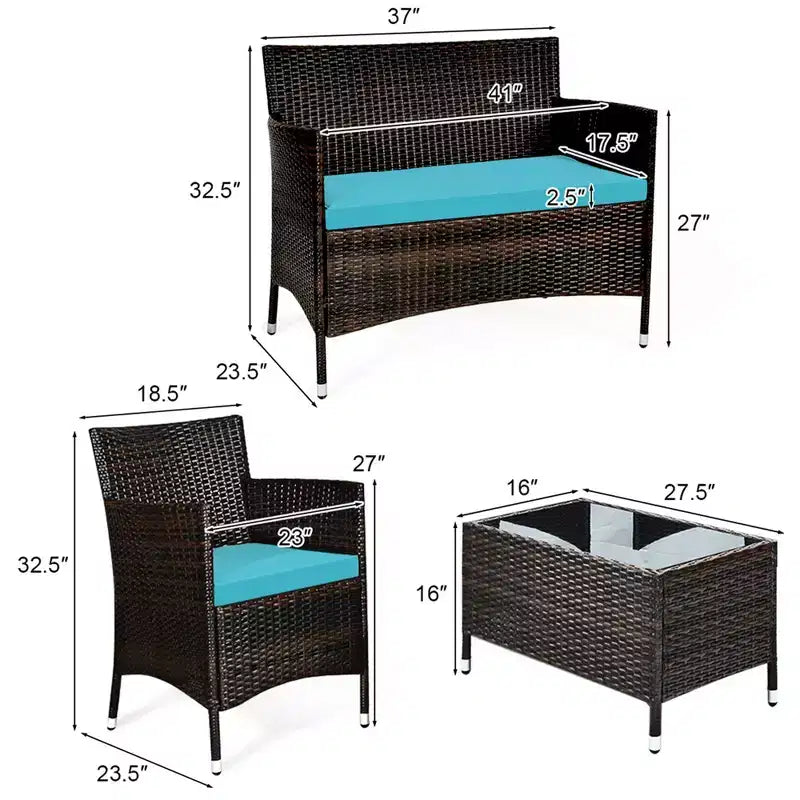 Set Mobili da Giardino 4 Pezzi in Rattan con Tavolo Scaffale Divano e Cuscini Turchese/Rosso/Grigio Costway