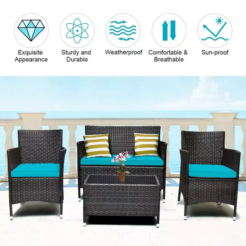 Set Mobili da Giardino 4 Pezzi in Rattan con Tavolo Scaffale Divano e Cuscini Turchese/Rosso/Grigio Costway