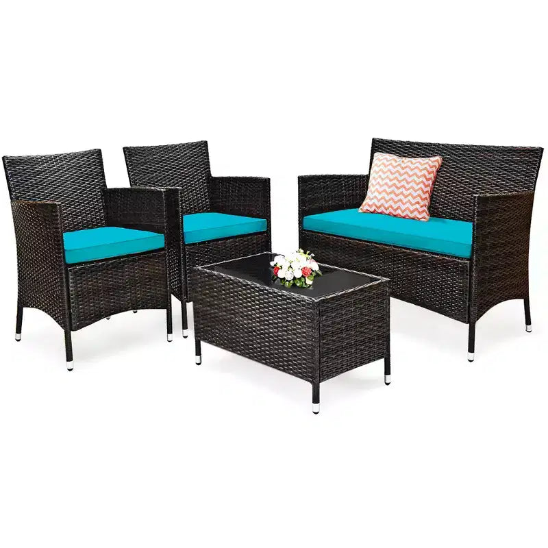 Set Mobili da Giardino 4 Pezzi in Rattan con Tavolo Scaffale Divano e Cuscini Turchese/Rosso/Grigio Costway