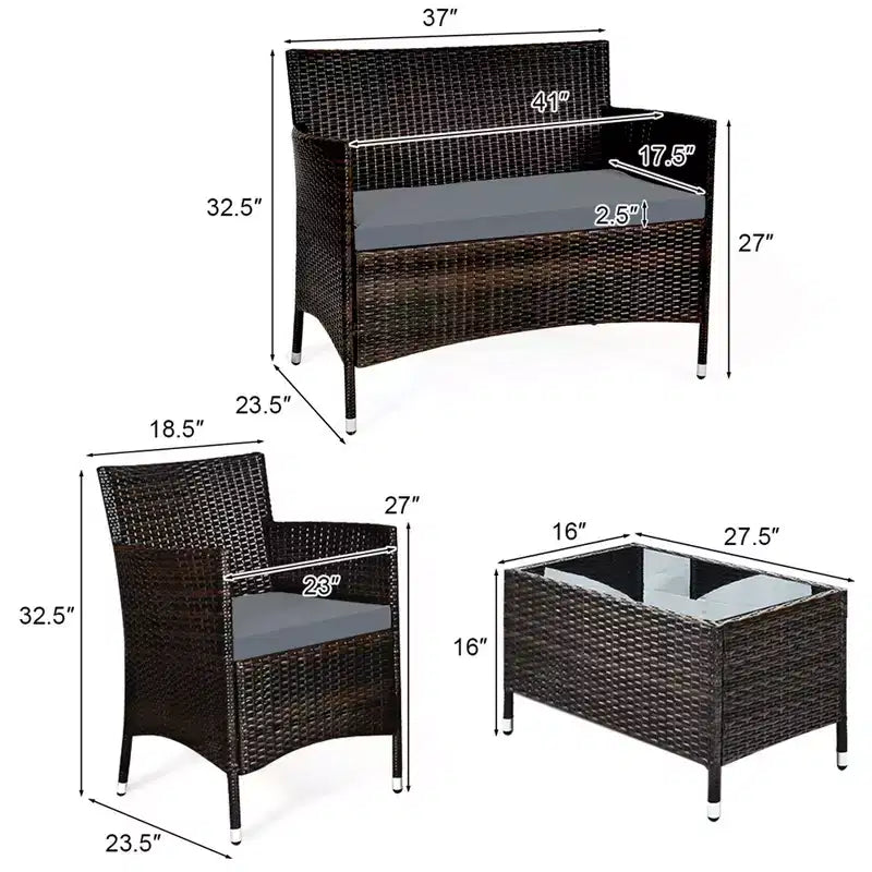 Set Mobili da Giardino 4 Pezzi in Rattan con Tavolo Scaffale Divano e Cuscini Turchese/Rosso/Grigio Costway