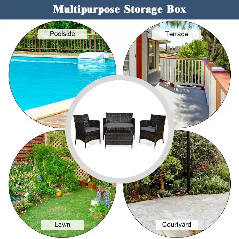 Set Mobili da Giardino 4 Pezzi in Rattan con Tavolo Scaffale Divano e Cuscini Turchese/Rosso/Grigio Costway