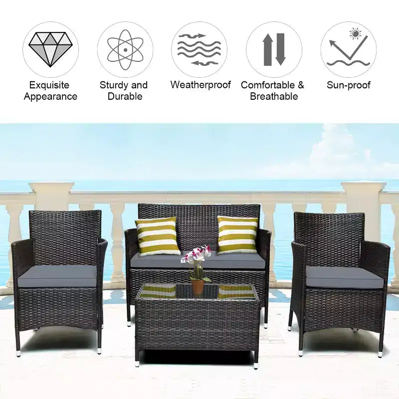 Set Mobili da Giardino 4 Pezzi in Rattan con Tavolo Scaffale Divano e Cuscini Turchese/Rosso/Grigio Costway