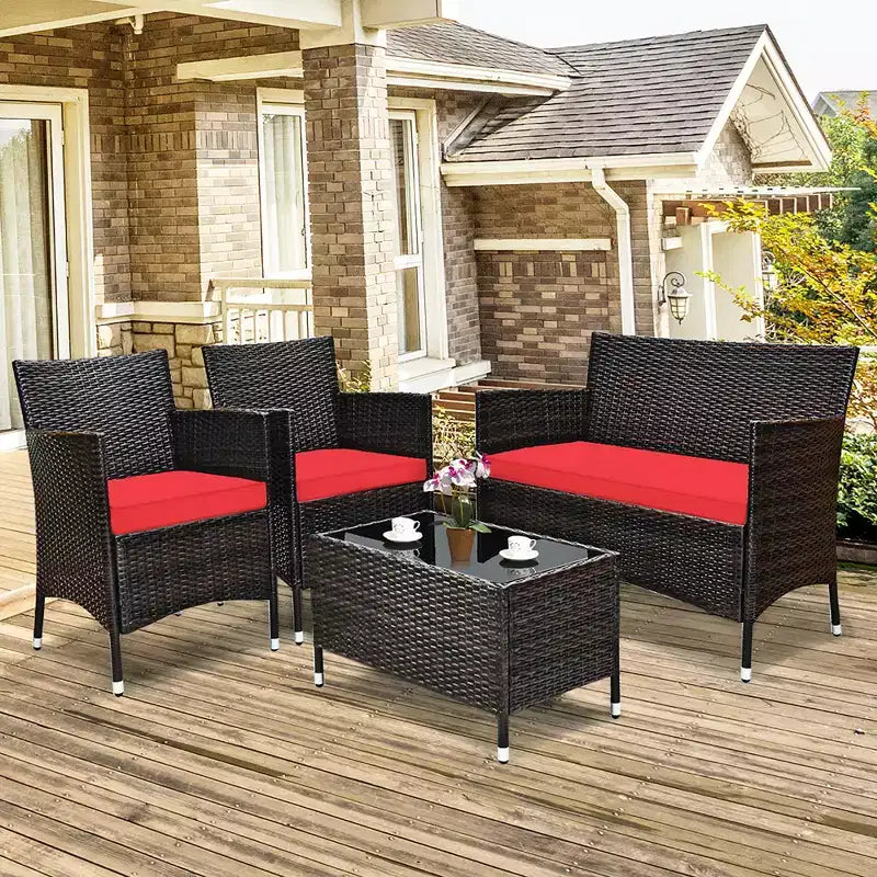 Set Mobili da Giardino 4 Pezzi in Rattan con Tavolo Scaffale Divano e Cuscini Turchese/Rosso/Grigio Costway