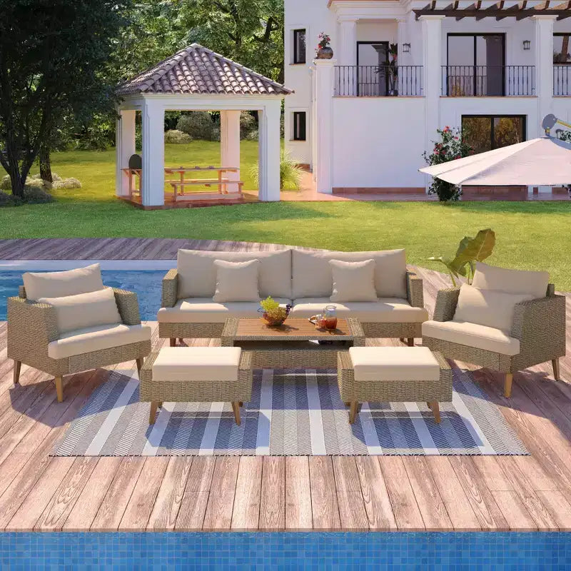 Whisen Set Divani 6 Pezzi in Vimini PE Resistente alle Intemperie, Divano da Esterno in Rattan con Doppi Cuscini