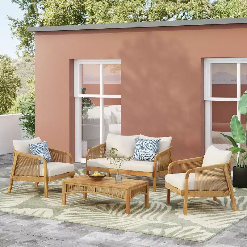Christopher Knight Home Allerton Set da conversazione da esterno a 4 posti in legno di acacia e vimini con cuscini, teak e beige