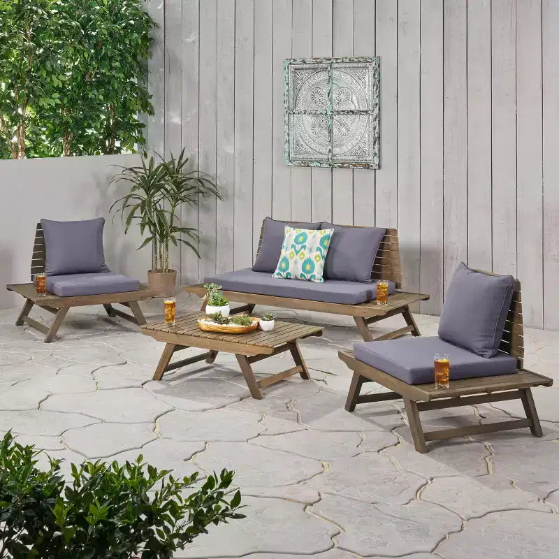 Christopher Knight Home Sedona Set da conversazione da esterno a 4 posti in legno di acacia con cuscini