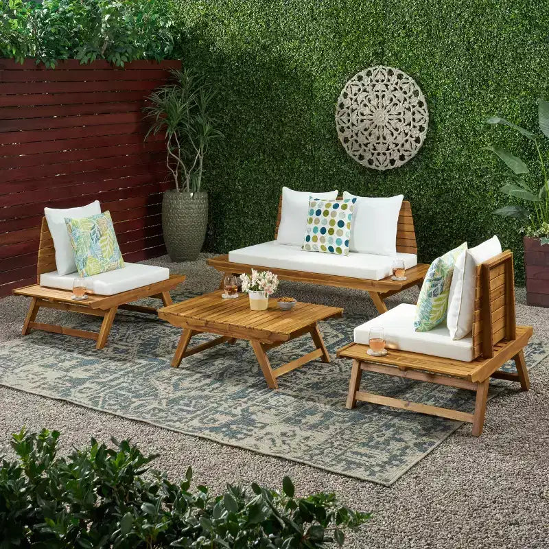 Christopher Knight Home Sedona Set da conversazione da esterno a 4 posti in legno di acacia con cuscini