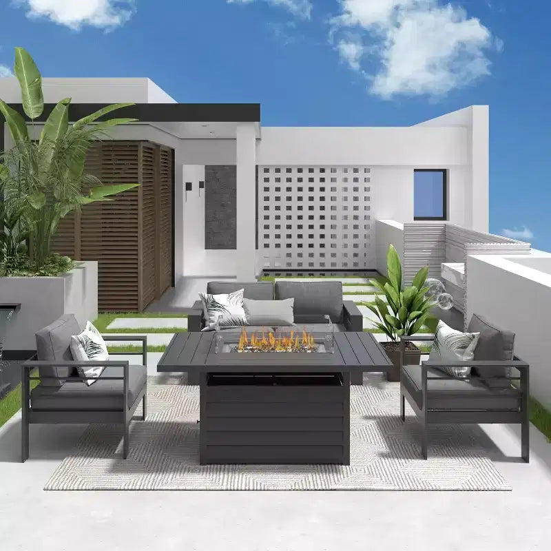 Set di mobili da giardino Heynemo in alluminio con tavolo braciere, mobili da esterno in metallo a 4 pezzi con cuscini per il cortile