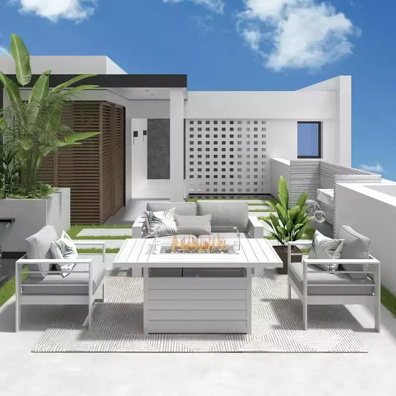 Set di mobili da giardino Heynemo in alluminio con tavolo braciere, mobili da esterno in metallo a 4 pezzi con cuscini per il cortile