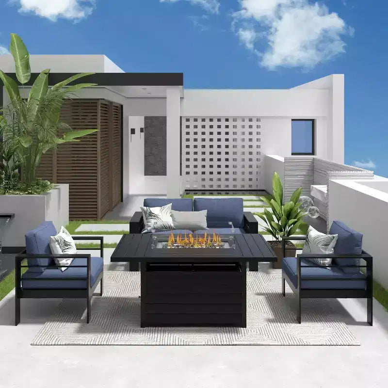 Set di mobili da giardino Heynemo in alluminio con tavolo braciere, mobili da esterno in metallo a 4 pezzi con cuscini per il cortile