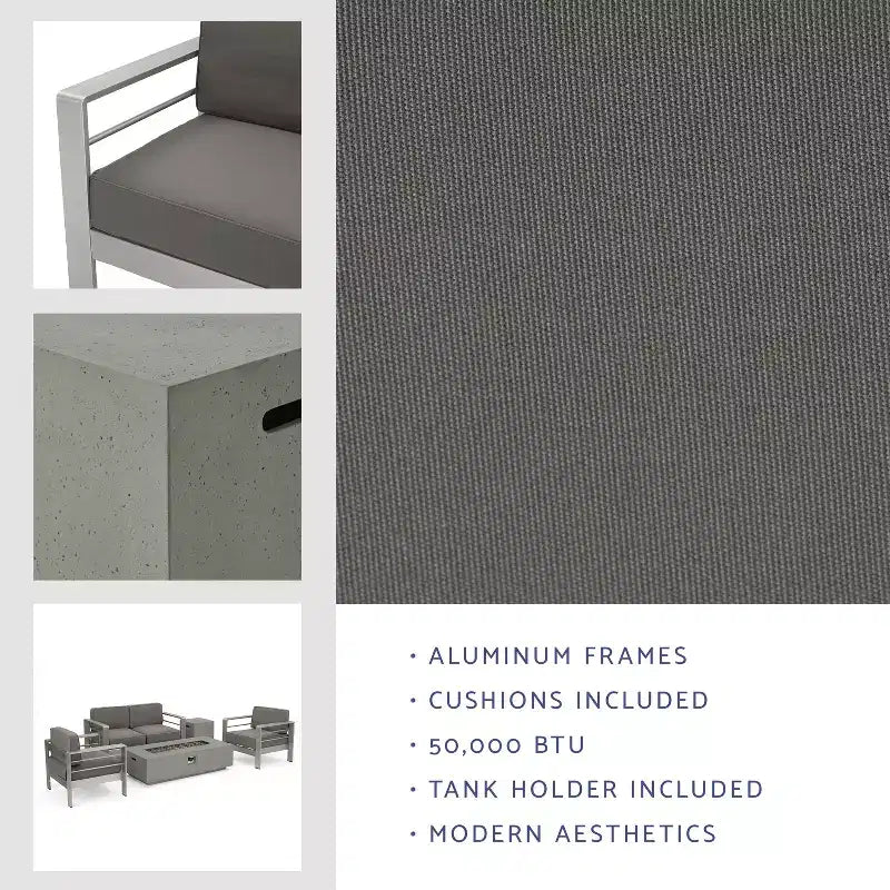GDFStudio Set Chiostro da Esterno Crested Bay a 4 Posti in Alluminio con Braciere Grigio Chiaro