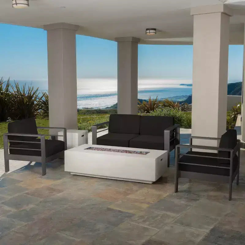 GDFStudio Set Chiostro da Esterno Crested Bay a 4 Posti in Alluminio con Braciere Grigio Chiaro
