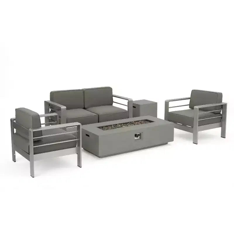 GDFStudio Set Chiostro da Esterno Crested Bay a 4 Posti in Alluminio con Braciere Grigio Chiaro