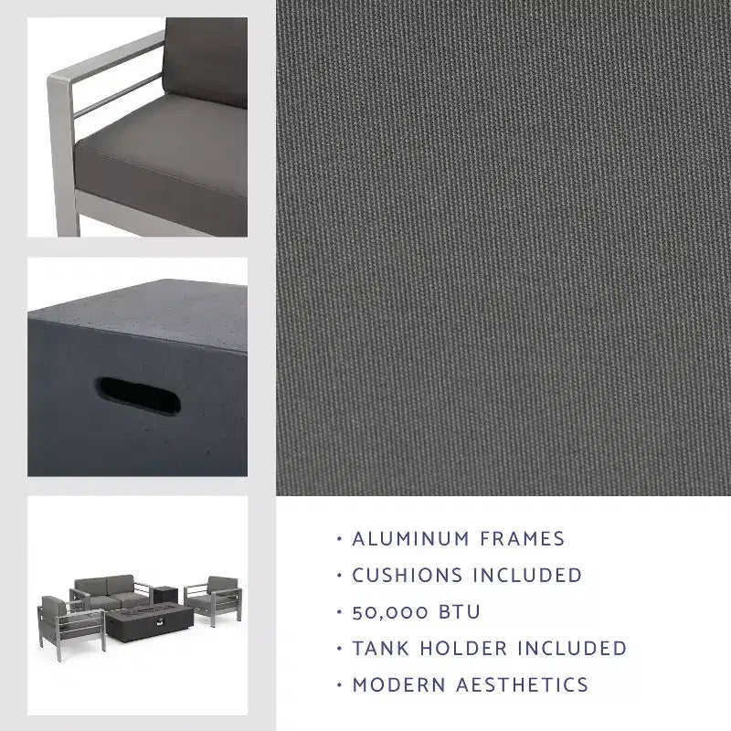 GDFStudio Crested Bay Set da conversazione da esterno a 4 posti in alluminio con braciere grigio scuro