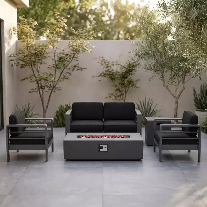 GDFStudio Crested Bay Set da conversazione da esterno a 4 posti in alluminio con braciere grigio scuro