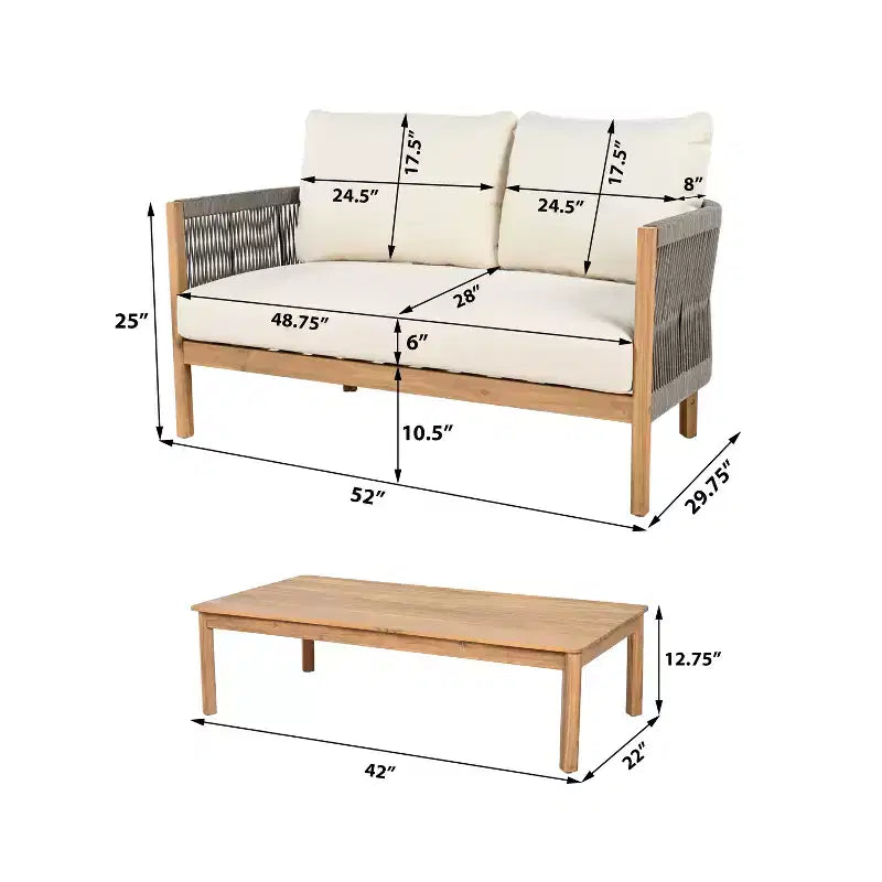Christopher Knight Home Gilda Set da salotto con divanetto e tavolino in legno di acacia e corda intrecciata per patio