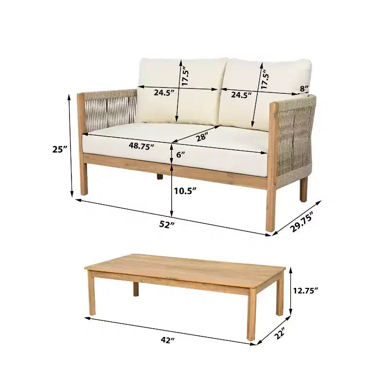 Christopher Knight Home Gilda Set da salotto con divanetto e tavolino in legno di acacia e corda intrecciata per patio