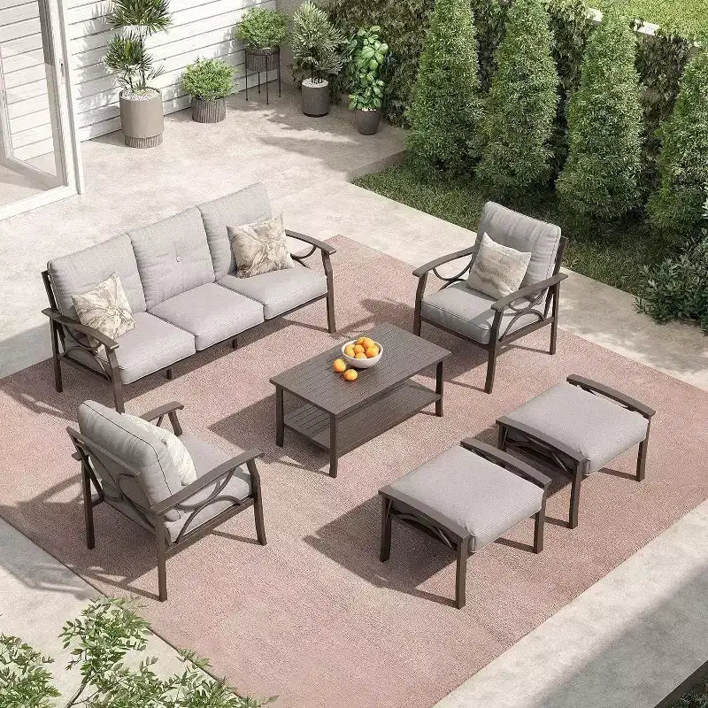 Heynemo Set di mobili da esterno per patio, 6 pezzi, con tavolino da caffè e pouf, set di mobili in metallo per portico e cortile, colore caffè