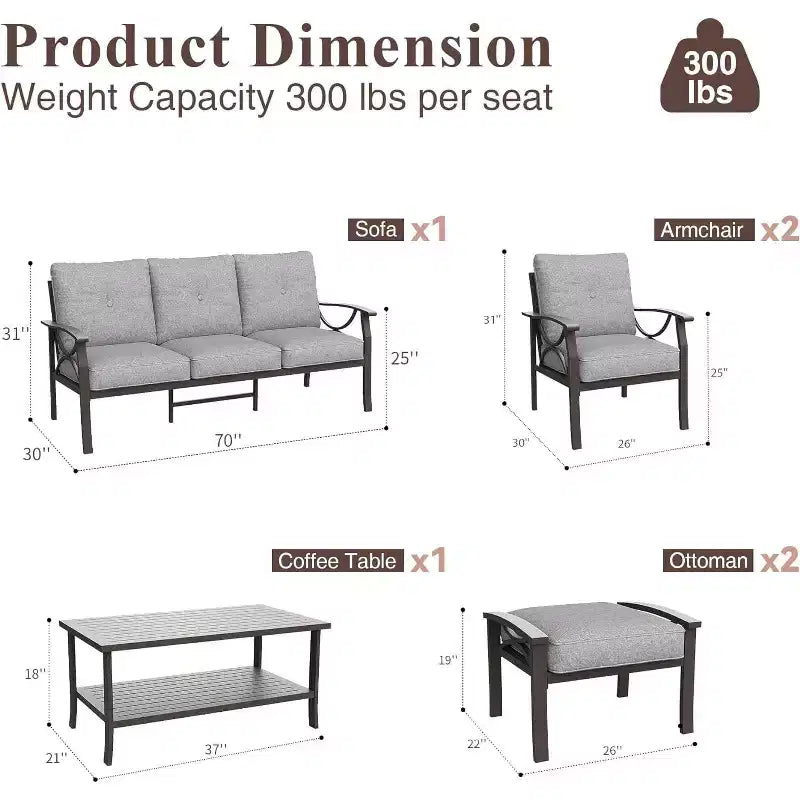 Heynemo Set di mobili da esterno per patio, 6 pezzi, con tavolino da caffè e pouf, set di mobili in metallo per portico e cortile, colore caffè
