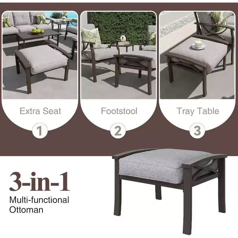 Heynemo Set di mobili da esterno per patio, 6 pezzi, con tavolino da caffè e pouf, set di mobili in metallo per portico e cortile, colore caffè
