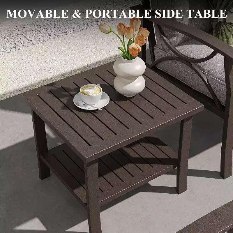 Heynemo Set di mobili da esterno per patio, 6 pezzi, con tavolino da caffè e pouf, set di mobili in metallo per portico e cortile, colore caffè