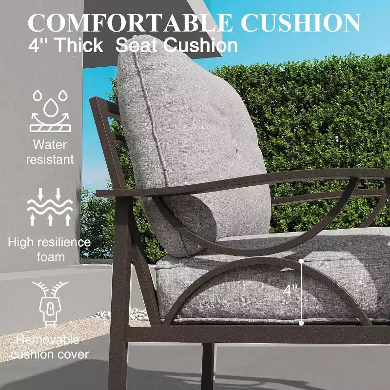 Heynemo Set di mobili da esterno per patio, 6 pezzi, con tavolino da caffè e pouf, set di mobili in metallo per portico e cortile, colore caffè