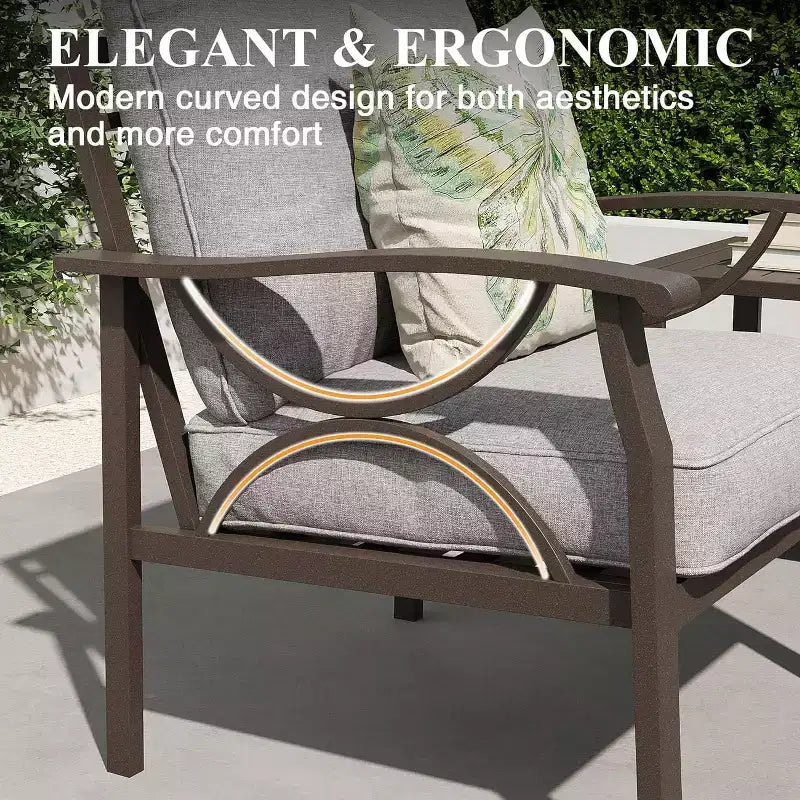Heynemo Set di mobili da esterno per patio, 6 pezzi, con tavolino da caffè e pouf, set di mobili in metallo per portico e cortile, colore caffè