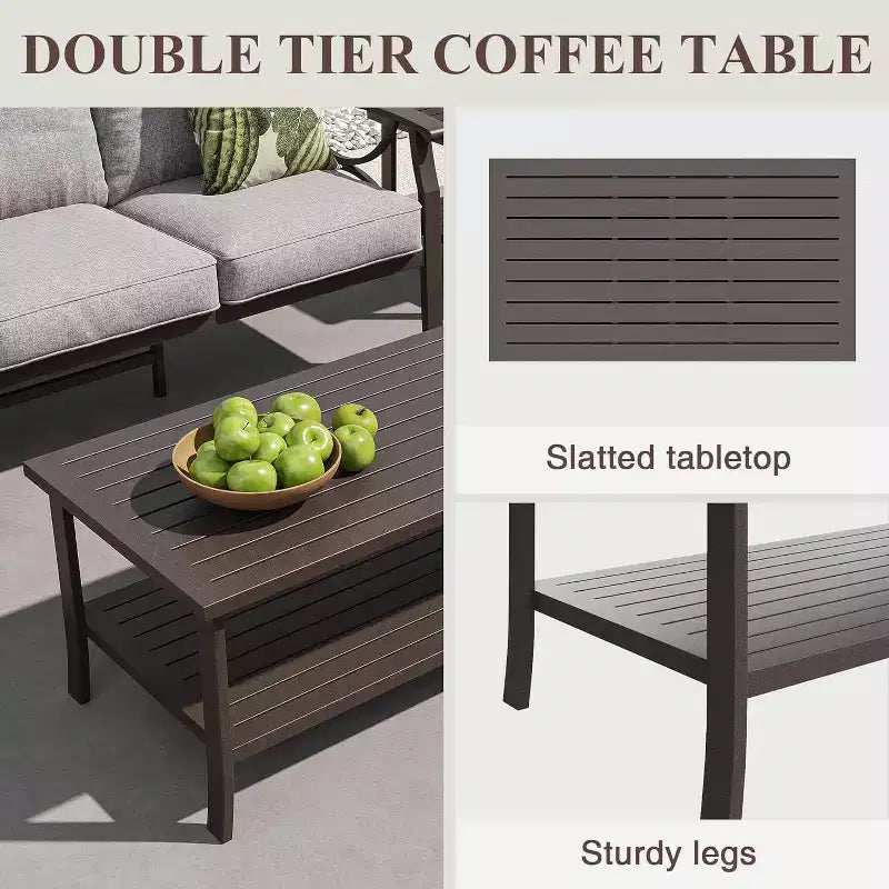 Heynemo Set di mobili da esterno per patio, 6 pezzi, con tavolino da caffè e pouf, set di mobili in metallo per portico e cortile, colore caffè