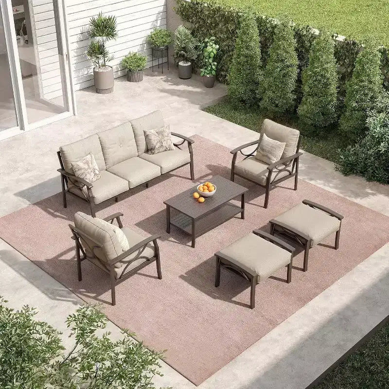 Heynemo Set di mobili da esterno per patio, 6 pezzi, con tavolino da caffè e pouf, set di mobili in metallo per portico e cortile, colore caffè