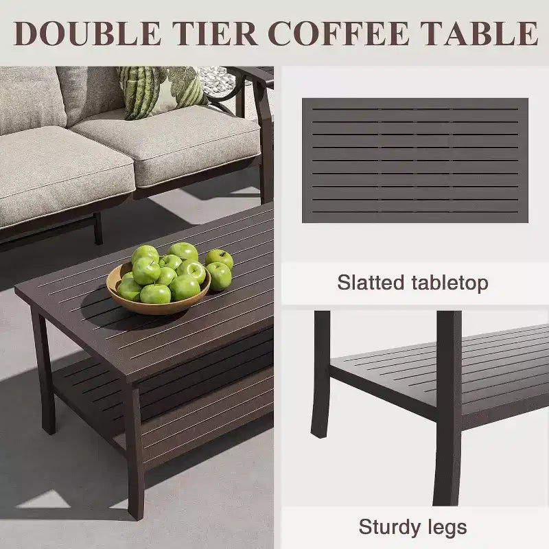 Heynemo Set di mobili da esterno per patio, 6 pezzi, con tavolino da caffè e pouf, set di mobili in metallo per portico e cortile, colore caffè